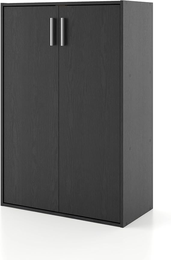 Homes: Inside + Out Apexa 3-Tier Stackable Wood Bookcase with Doors, Cube Storage Organizer Shelves, Small Food Pantry Cabinet, Dorm Teen Room Decor & Bedroom, Home Office, Kitchen, Black
