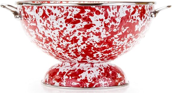Golden Rabbit Enamelware Large Colander, 5 quart, Red Swirl | Carbon Steel Core with Porcelain Enamel Finish, Stainless Steel Rim & Handles, Ideal Food Strainer for Fruits & Vegetables
