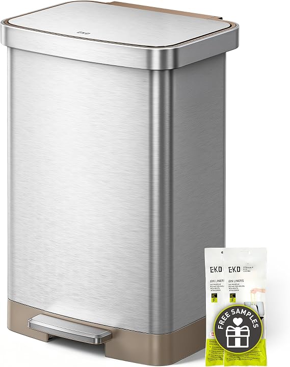 EKO Hudson Matte Stainless 50 Liter/13.2 Gallon Step Trash Can with Rear Trash Bag Storage Compartment