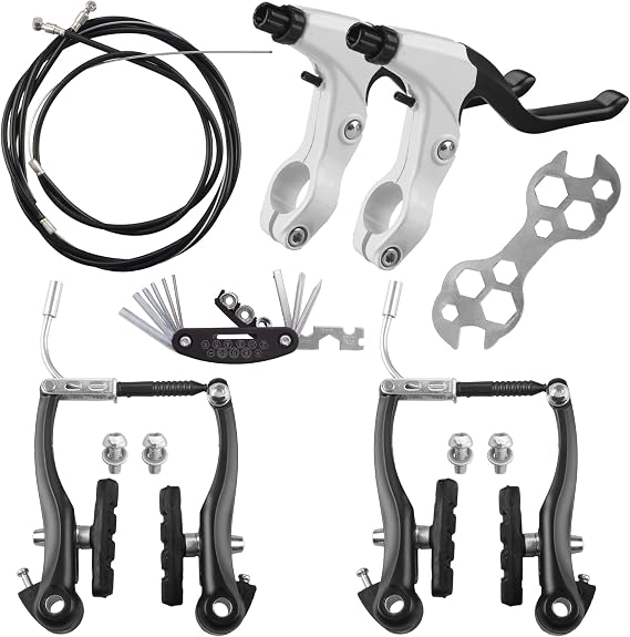 Complete Bike Brakes Set,Inner and Outer Callipers Cables Lever Kit ,Universal Bike Front and Rear MTB Brake with Multi-Tool Wrenches Black White