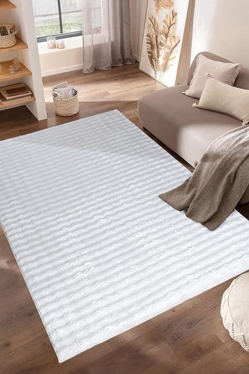 Kaymaz Tabanlı Beyaz Bubble Peluş Halı – Yumuşak Dokulu, Modern Görünüm, Makinede Yıkanabilir (60x100)