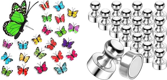 50Packs Butterfly Push Pins,20Pack Magnets for Whiteboard Strong Fridge Magnets Silver Push Pin Refrigerator Locker Magnets for School and Home