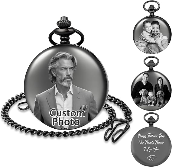 Personalized Engraved Pocket Watch Custom Text Photo Pocket Watch with Chain Retro Style Pocket Watches Gift for Grandpa Husband Son Dad Best Men 