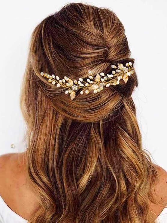 Gorais Crystal Bride Wedding Hair Combs Gold Leaf Bridal Hair Pieces Pearl Hair Accessories for Women and Girls (A-Gold) (A-Gold)