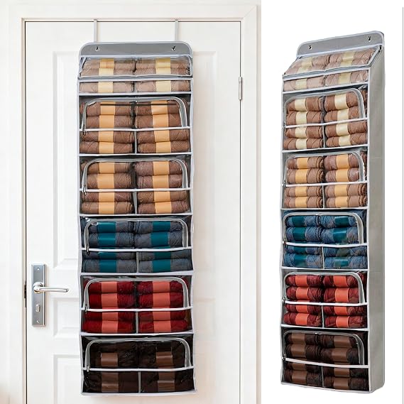 Hanging Yarn Storage Organizer 6 Zipper Closure Compartments, Knitter-Designed Over-the-Door Yarn Storage with Clear Window, Fully Enclosed, Breathable Fabric