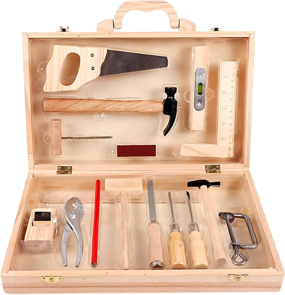 Kids Wooden Tool Set Toy Wooden Tool Box Tools Kit Role Play Montessori Mock Disassembly Construction Toys Realistic Garden Play Set with Box Case and Tools Accessories for Boys Girls