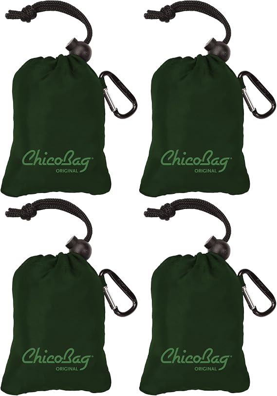 Original Compact Reusable Grocery Bag w/Attached Pouch and Carabiner Clip | Perfect for Shopping, Travel, Organization | Eco-Conscious Packable Tote | Fairway (Pack of 4)