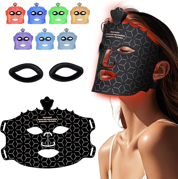 Facego Blue Red Light Mask for Face - 7 Colors Red Light Face Mask Face Mask Home Skin Care Wireless Device Skin Treatment Mask Suitable for Women Men Elderly