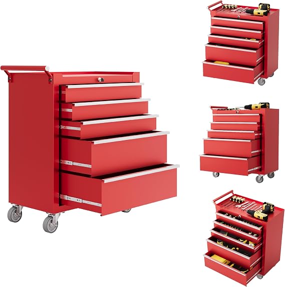 IDEALHOUSE Rolling Tool Chest, 5 Drawers Tool Storage Cabinet, Toolbox with Wheels, Portable Tool Cabinet Organizer with Locking System & Drawer Liners, Tool Storage Cart for Garage, Workshop, Red