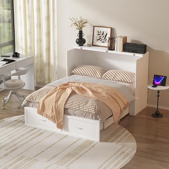 FUFU&GAGA Full Size Murphy Bed with Charging Station & Storage, Cabinet Bed Frame with Drawer, Folding Space Saving Murphy Beds Chest for Bedroom Guest Room Office, White, 76.4L x 56.2W x 40.9H