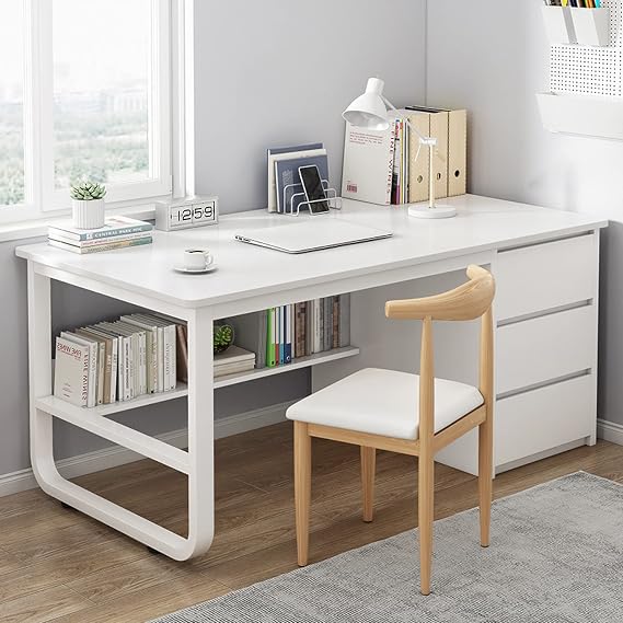 Computer Desk with Storage Compartments and 3 Drawers, Modern Simple Style Desk, Home Office Workstation Desk (47 Inch, White)