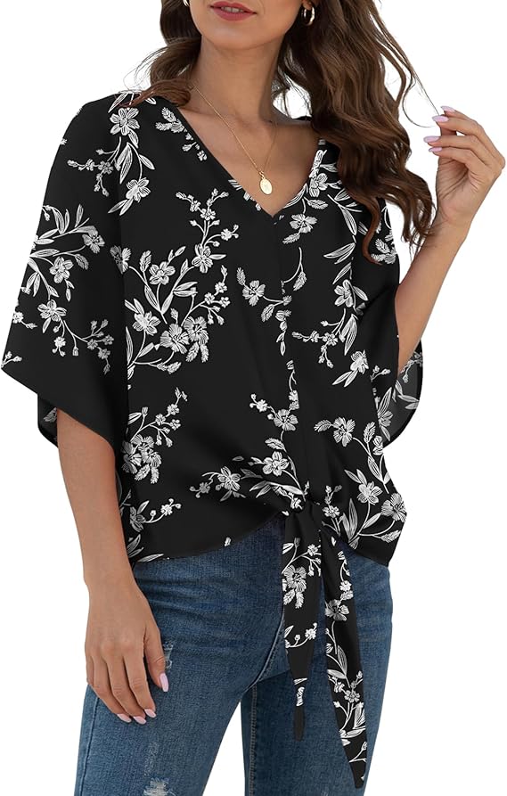 VIISHOW Womens Tie Front Chiffon Blouses V Neck Batwing Short Sleeve Summer Tops Shirts