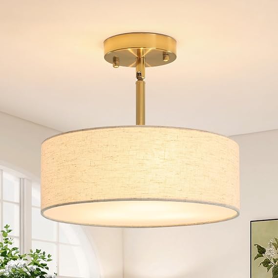 3 Light Gold Ceiling Light Living Room, Modern Fabric Shade Semi Flush, E27