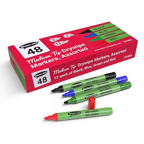 SHOW-ME Medium-Tip Drywipe Whiteboard Pens for Schools, Classroom Whiteboard and Writing Boards (Bulk Multi-Pack of Assorted Colour Pens, CP48A