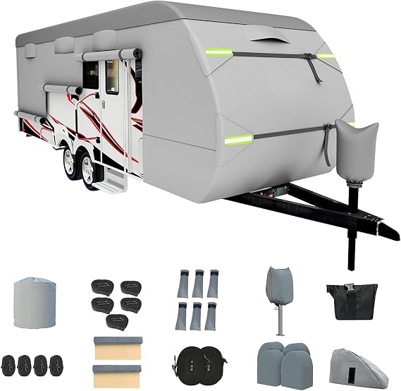 Travel Trailer RV Cover, Upgraded 8 Layers Top Travel Trailer Cover Fits 27 to 30 Feet RV, Waterproof Camper Cover with 4 Tire Cover & Tongue Jack Cover Extra Windproof Ropes, Gutter Covers