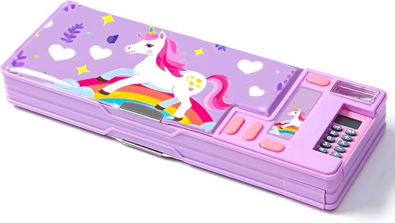 Pop Up Multifunction Pencil Case, Cute Cartoon Pen Box Organizer Stationery with Calculators, Sharpener, Schedule, School Supplies (Purple)