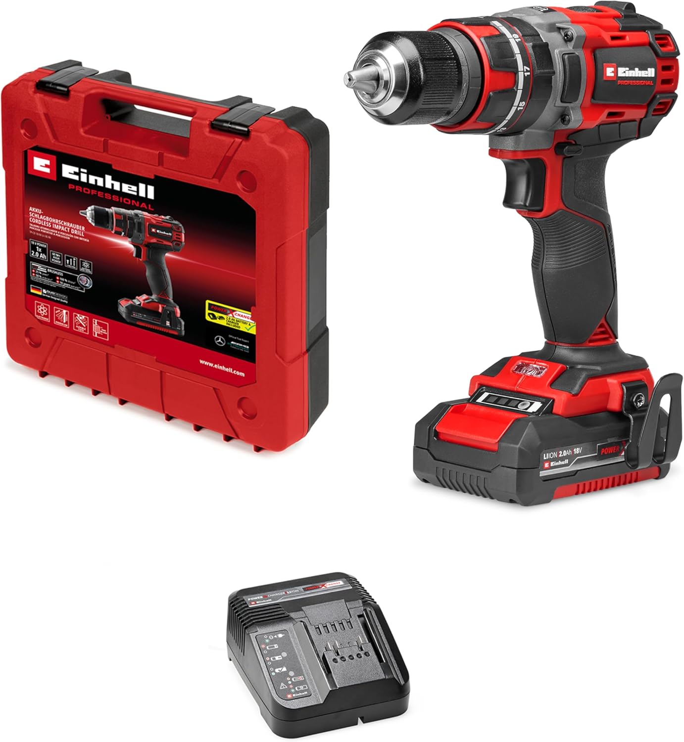 Einhell Professional TP-CD 1860 Li-i BL 1x 2.0 Ah 18 V, Coal-free, 60 Nm, Pulsed drilling function, 13 mm chuck, 2 gears, 1x 2.0 Ah battery  charger included