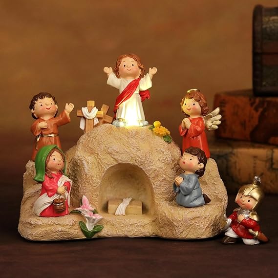Religious Easter Decorations with LED Light, 7 Pcs Empty Tomb Resurrection Scene Decoration Kit, Cartoon Resurrection of Jesus Statue Set, Resin Easter Tabletop Ornament for Christian