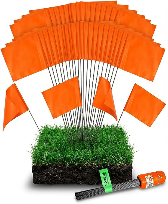 Fluorescent Orange Yard Marking Flags - 4x5x15 Inch Marker Flags - 50 Pack - Markers For Lawn, Irrigation, Landscaping, Survey & Sprinkler Head Marking