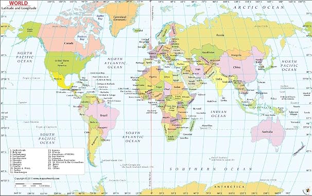 World Map with Latitude and Longitude - Laminated (36" W x 23" H)