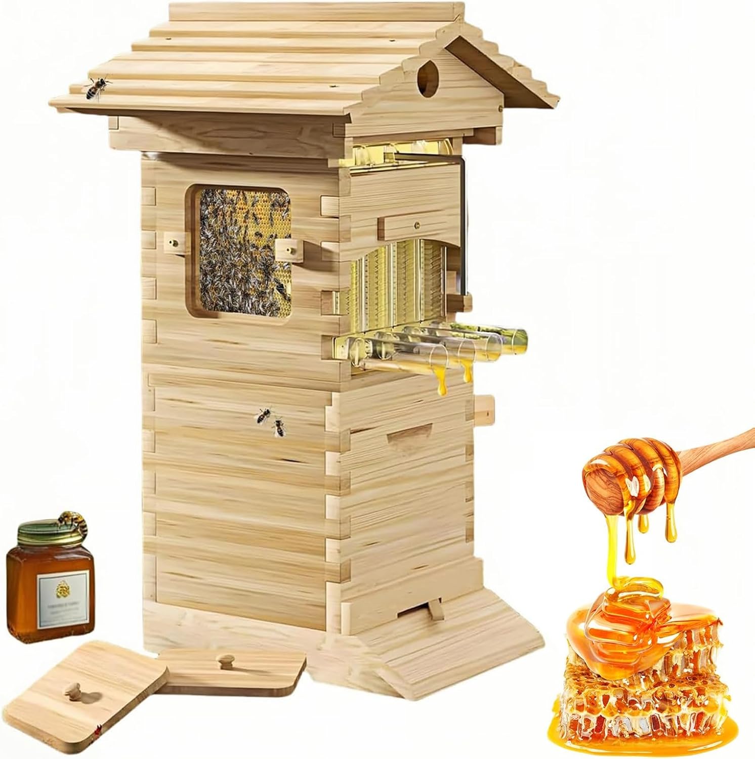 Beehive Starter Kit, Carpenter Bee House for Garden Pollinators, Complete Bee Box with Observation Window and Honey Spout, Bee Hive for Beekeeping