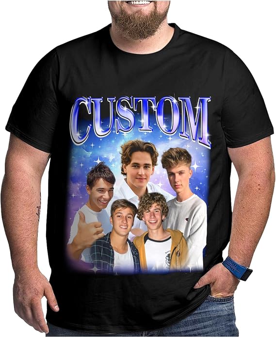 Custom Plus Size Bootleg Rap T Shirts, LucBuy Personalized Retro Photos Text Oversized Tee, Funny Face Graphic Large T-Shirt