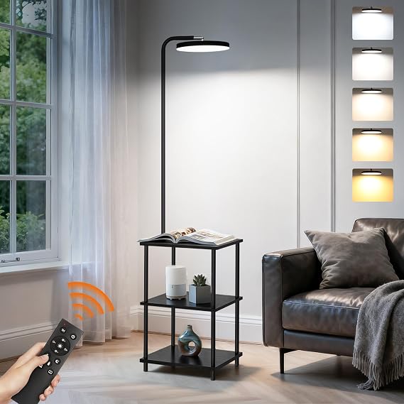 LED Floor Lamp with Table, 25W/3000LM Super Bright Floor Lamp with Remote | End Table with Lamp for Living Room with 350 Rotating Head, Stepless Dimmable, Side Tables with Lamp for Bedroom Office