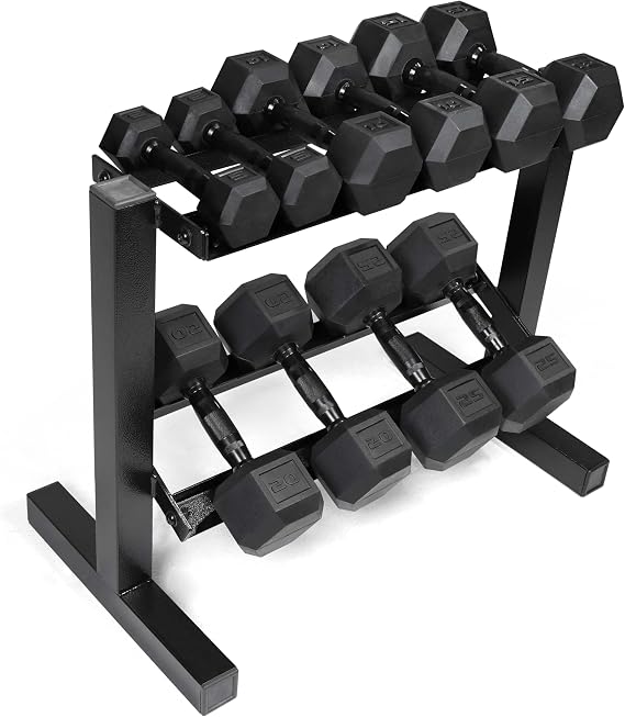 CAP 150 LB Dumbbell Set with 2-Tier Rack, Rubber Hex Free Weights Set, Home Gym Weight Set with Horizontal Storage Rack for Strength Training