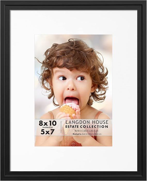 Langdon House 10x8 Black Picture Frame w/Removable Mat to 7x5, Modern Step-Down Moulding, Tabletop Easel Included, Estate Collection