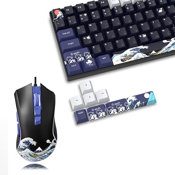 XVX PBT Keycaps 132 Keys, Great Wave Off Kanagawa Japanese Keyboard Keycaps + Wired Gaming Mouse