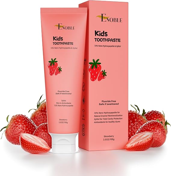 Enoble Kids Toothpaste Fluoride Free Natural Toothpaste for Kids, Toddlers & Babies with 7.5% Nano-Hydroxyapatite and Xylitol for Enamel Strengthening, Strawberry Flavor, 3.5 oz