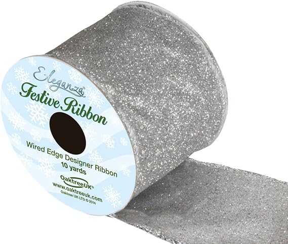 Eleganza 10 yd x 63 mm Satin Wired Edge Sparkly Glitter Ribbon, Silver
