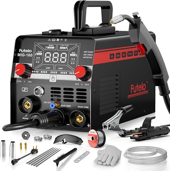160A MIG Welder, 4 in 1 Gas/Gasless MIG Flux Core/Lift TIG/Stick Welder Machine 110V 220V with Large LED Display, Portable IGBT Inverter with Synergy for Metal Repair and Beginners