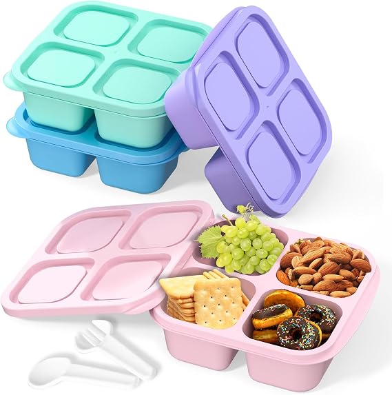4 Pack Snack Containers, 4 Compartments Bento Snack Box, Reusable Meal Prep Lunch Containers for Kids Adults, Divided Food Storage Containers for School Work Travel (Green/Blue/Pink/Purple)