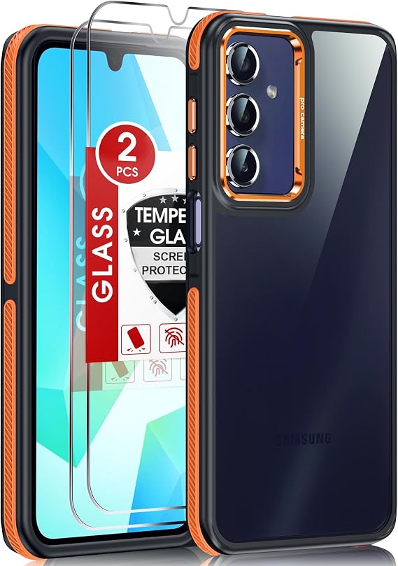 LeYi for Samsung Galaxy A16-5G Case: 2 Pack Screen Protector Shockproof Military-Grade, [Anty-Slip Grip] Metal Texture Lens Magnetic Translucent Matte for Galaxy A 16 5G Case, Orange