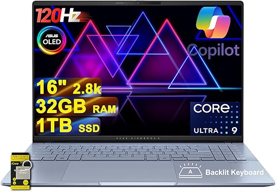 ASUS Vivobook S16 AI PC Laptop 16" 2.8k OLED 120Hz (600nits, 100% DCI-P3) Intel 16-core Ultra 9 285H 32GB RAM 1TB SSD Backlit for Creator Designer Business Professional Win11 ICP Hub
