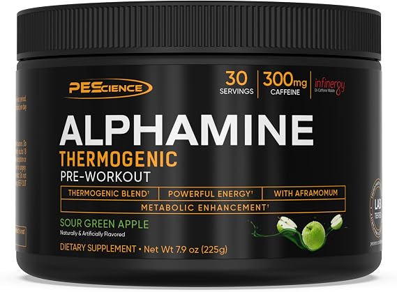 PEScience Alphamine Thermogenic Pre-Workout, Sour Green Apple | Fat Burning PreWorkout Energy Powder with L-Carnitine, 60 Scoops