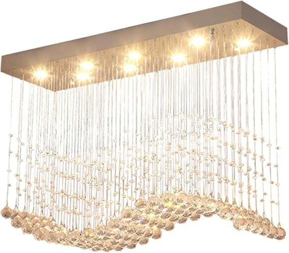 Rectangular Raindrop Crystal Chandelier Modern Wave K9 LED Pendant Light Flush Mount Ceiling Fixture,for Living Room [Energy Class A]