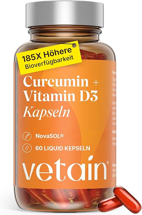 VETAIN Turmeric Capsules - 185x Higher Bioavailability - High Dose Micellar Curcumin - 1000mg Curcumin by Serving - Piperine Free - 60 Liquid Capsules