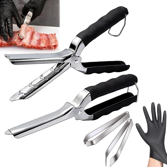 2Pcs Rib Membrane Removal Tools, Rib Prep Tool, Stainless Steel BBQ Rib Skinner with 2Pcs Tweezers Pliers and Gloves, for Easy Rib Skinner, Kitchen Gadgets for Barbecue Enthusiasts & Chefs