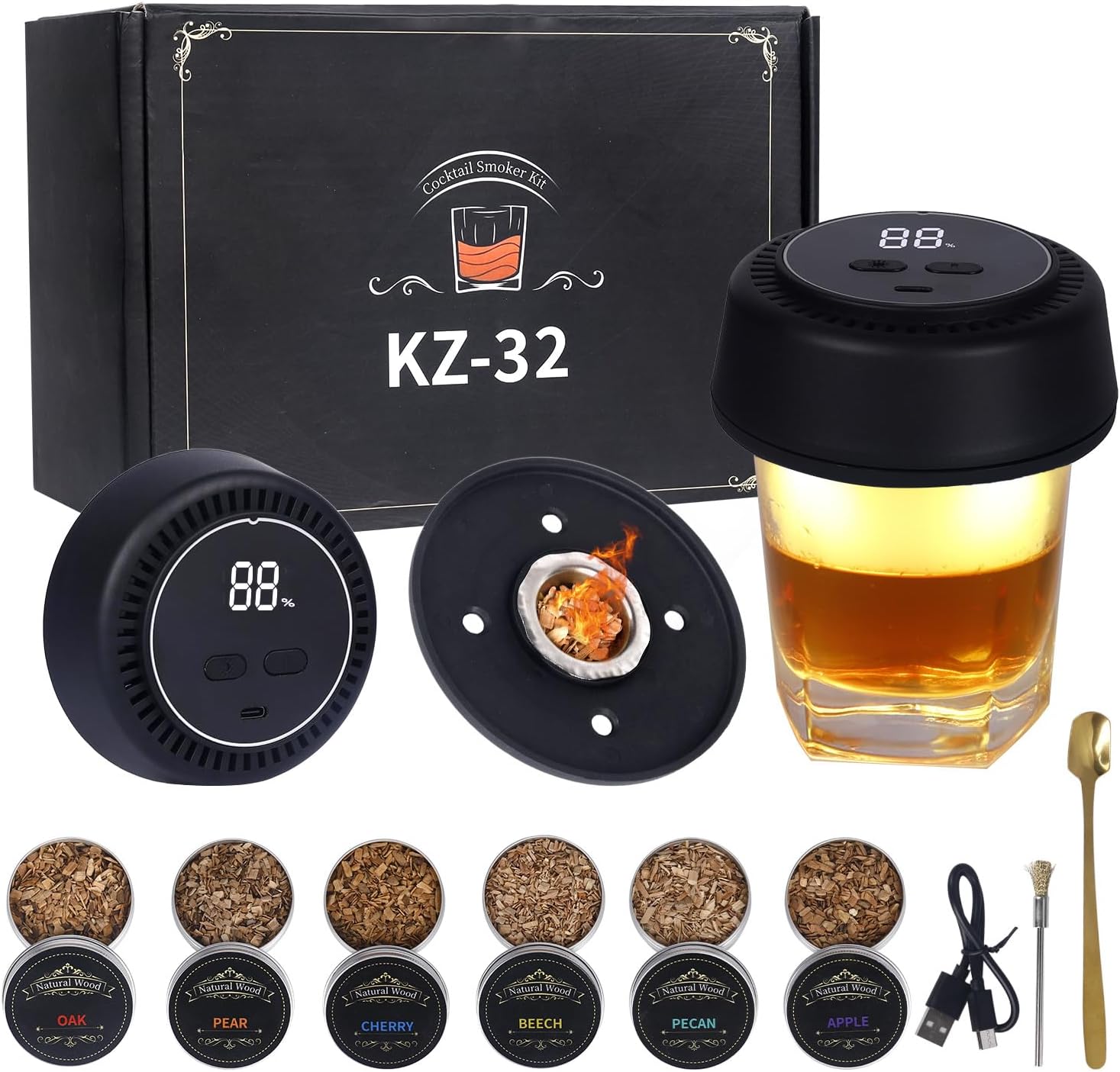 Electric Whiskey Smoker Kit with Ambient Light, Rechargeable Cocktail Smoker Kit with 6 Wood Chips, Display, Built-in Lighter, Old FashionedBourbonDrink Smoker kit for Men,Dad,HusbandNo Butane
