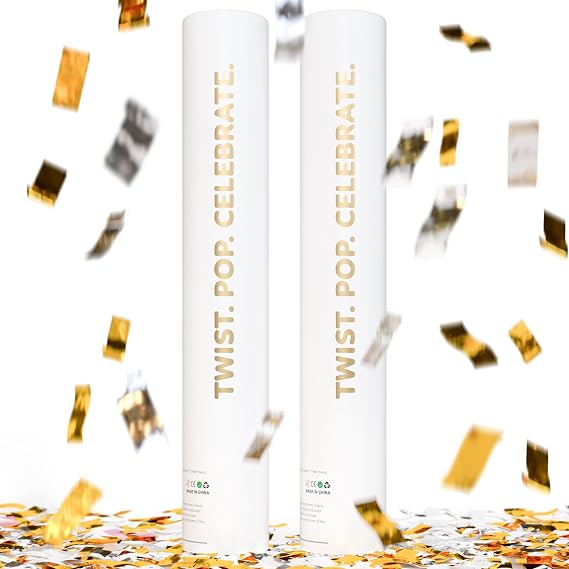 Gold and Silver Confetti Poppers and Cannons, Party Poppers, 2-Pack, 12 in | Vivid Confetti, Slow-Fall Confetti, 25 ft Launch, Easy Twist, 12 in Cannons, Graduation, Photography, Weddings, Air Powered