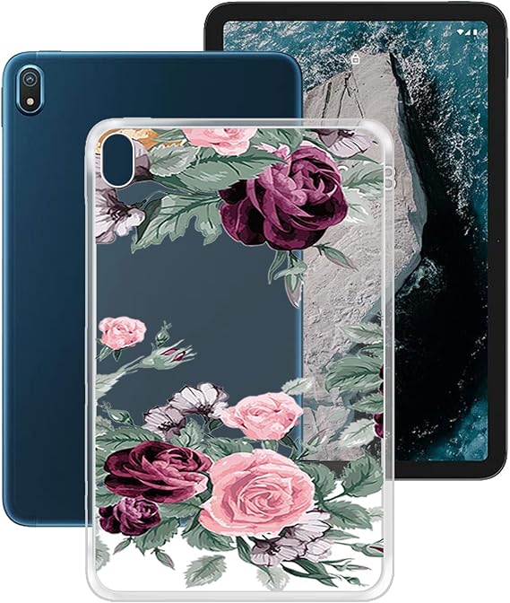 Tablet Case for Nokia T20 10.4 Inch, Shockproof Soft Silicone Bumper Shell, [Ultra-Thin ] [Anti-Yellowing] Clear Back Cover for Nokia T20 - Red Rose