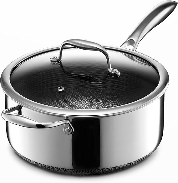 HexClad Hybrid Nonstick 4.7-Litre Saucepan with Tempered Glass Lid, Stay-Cool Handle, Dishwasher Safe, Induction Ready, Compatible with All Cooktops