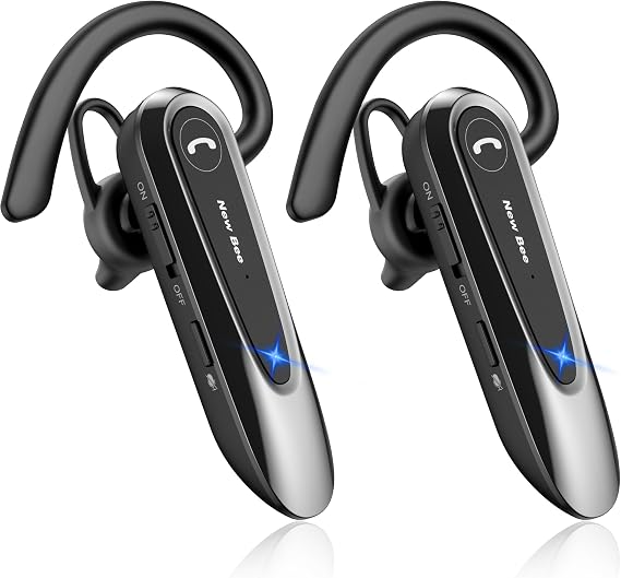 New Bee Bluetooth Earpiece Handsfree Bluetooth Headset for Driving, CVC8.0 Bluetooth Headsets Earpiece with 25Hrs Talk Time, Dual Mic Mute Two Device Connection for iPhone Android and Laptop [2 Pack]