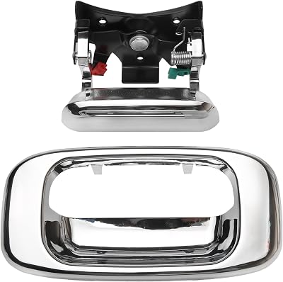 Tailgate Door Handle & Bezel Lock Set, Compatible with 1999-2007 Chevy Silverado GMC Sierra 1500 2500 3500, Chrome Exterior Rear with Rod Clips | Replaces# 15997911, 15228539, 15228541, 15228540