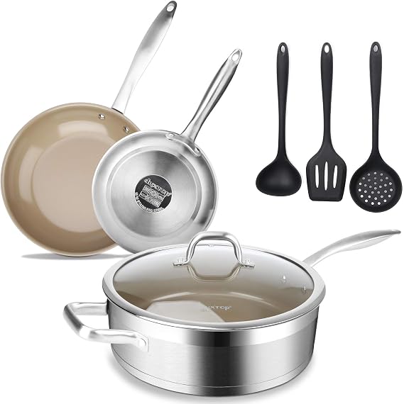 Duxtop Ceramic Nonstick Cookware Set, 7PC Stainless Steel Induction Pans