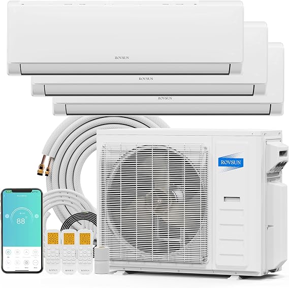 ROVSUN 38000 BTU Tri Zone WIFI Mini Split AC/Heating System, 20 SEER2 3 Zone (12K/12K/12K) BTU Ductless Split Air Conditioner with Pre-Charged Condenser, Heat Pump & 25Ft Line Set, 208-230V
