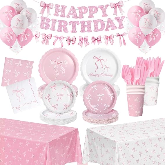 165 Pcs Pink Bow Birthday Decorations (Serves 24), Plates And Napkins Cups Knifes Forks Banner Tablecloth Balloons Bow Theme Tableware for Girls Bachelorette Party Decor