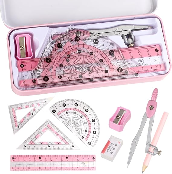 Math Set Geometry Set Protractor and Compass Set with Metal Box Drawing Compass with Rulers Math Compass Set for Class Supplies and School 9 Pieces